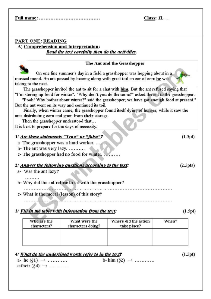 Second Grade geometry worksheet featuring The Ant and the Grasshopper fable to build comprehension and prediction skills