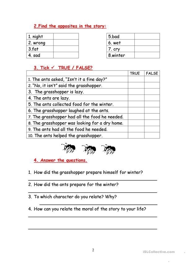 Second Grade Geometry worksheet featuring The Ant and the Grasshopper fable to enhance comprehension and prediction skills