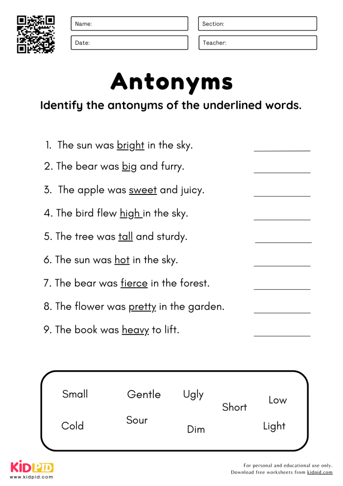 First Grade Vocabulary Builder worksheet focusing on antonyms to enhance language skills