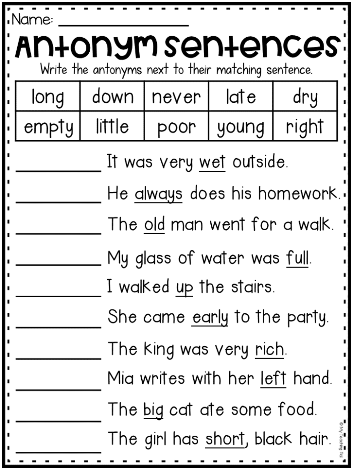 First Grade Vocabulary Builder worksheet focusing on antonyms and word matching