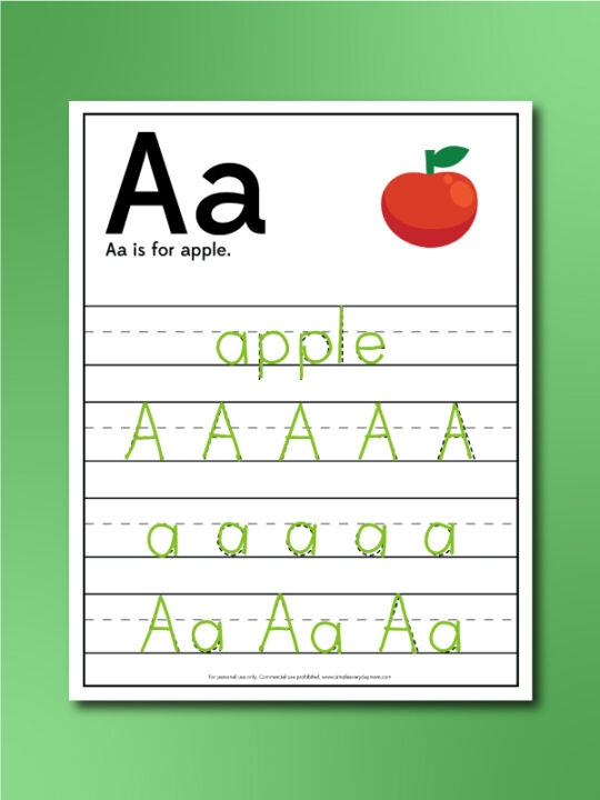 Apple letter A writing activity for preschoolers with coloring and tracing exercises image 24 A is for Apple worksheet showing a child tracing and writing the letter A with apple illustrations for pre-K fine motor practice
