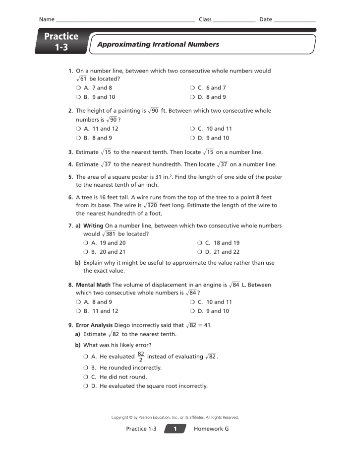 Worksheet showing eighth graders approximating irrational numbers on a number line