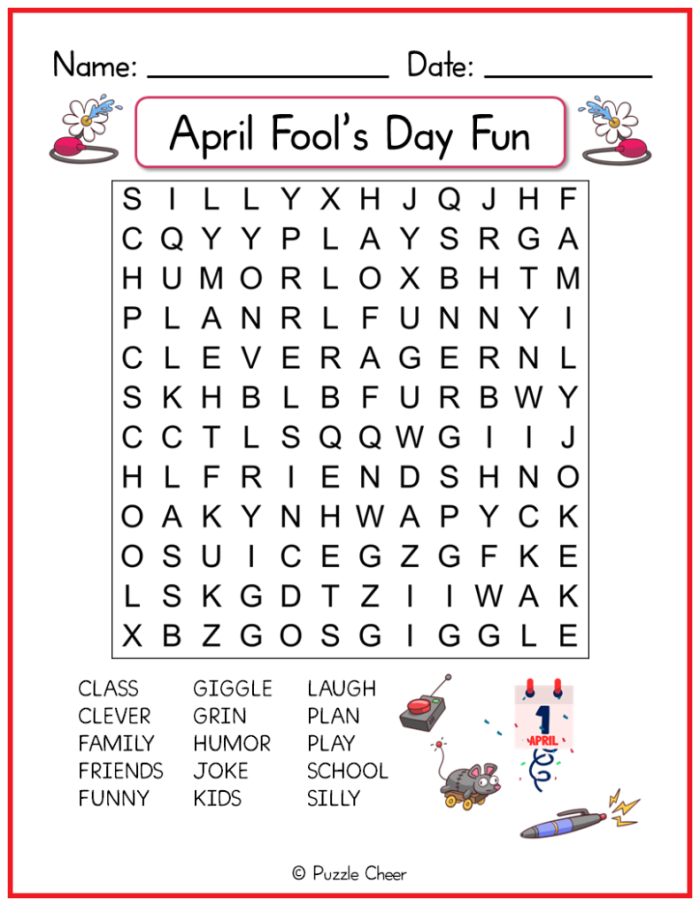 First grade students enjoy a colorful April Fools' Day word search worksheet with silly hidden words to find