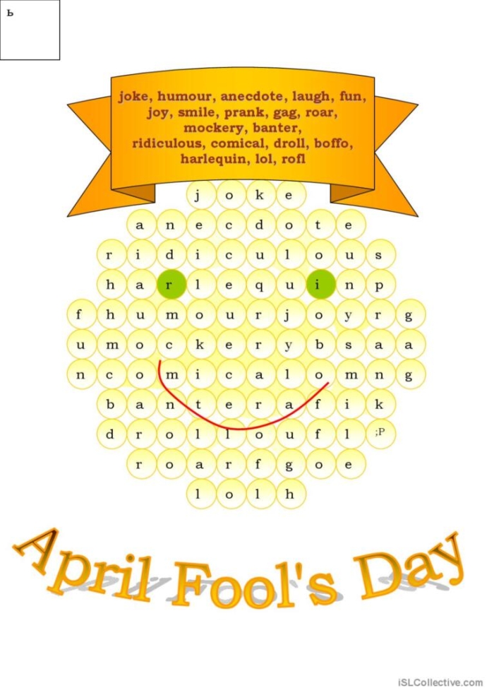 April Fools' Day Word Search worksheet for first grade with silly hidden words and playful illustrations