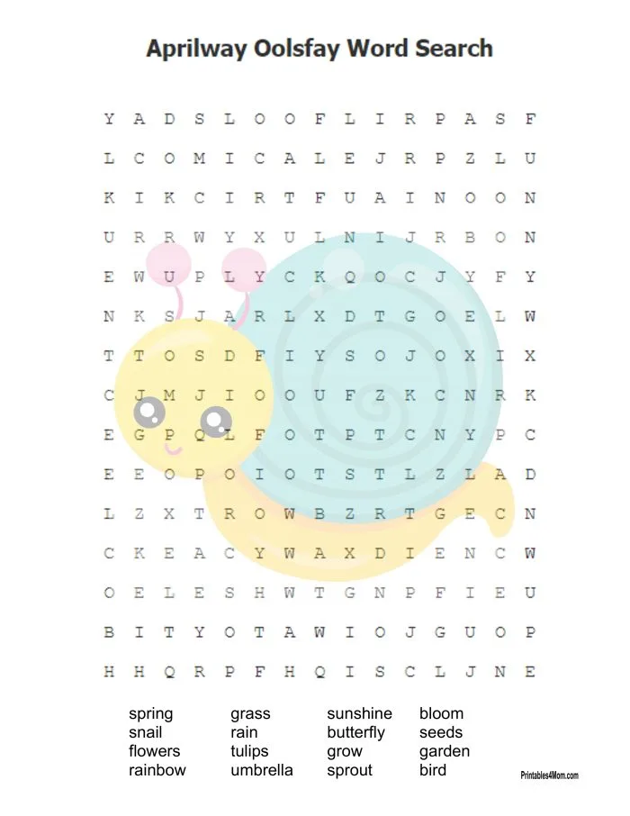 April Fools' Day word search puzzle with silly hidden words for first grade students to find and circle