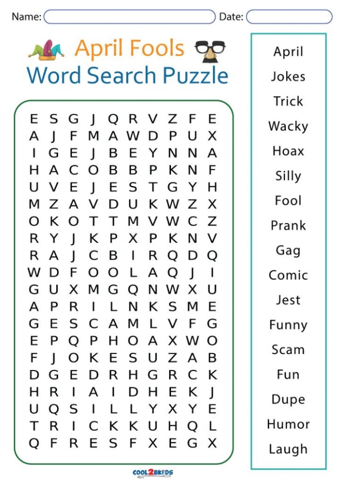 First grade April Fools' Day word search worksheet with silly hidden words to find