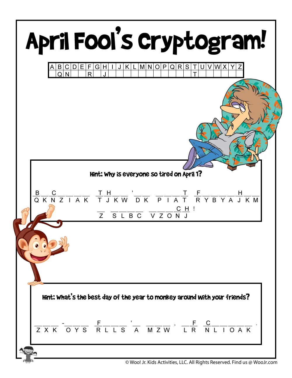 First grade April Fools' Day word search worksheet with silly hidden words and playful illustrations