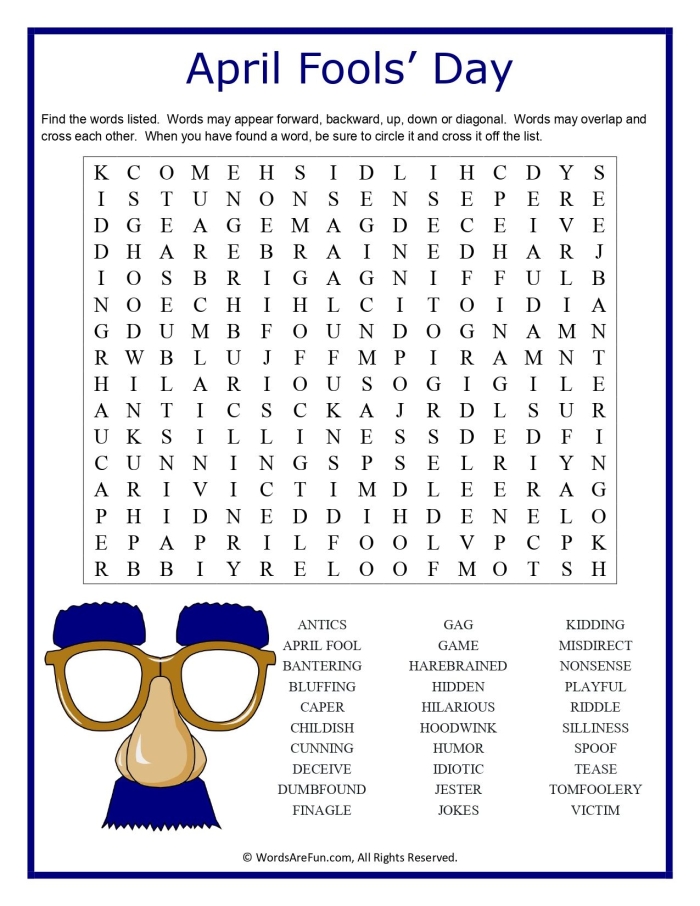 Colorful April Fools' Day word search puzzle with silly hidden words for first grade students to find and circle