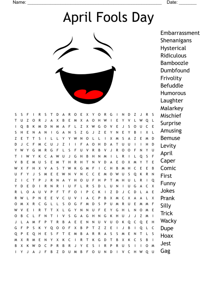 April Fools' Day themed word search puzzle with silly hidden words for first grade students to find and practice handwriting skills
