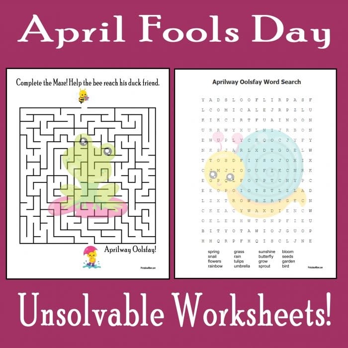 Colorful April Fools' Day word search puzzle with silly hidden words for first grade students to find and circle
