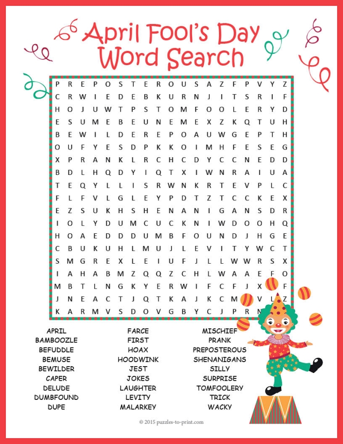 First grade students enjoy a colorful April Fools' Day word search worksheet with silly hidden words to find
