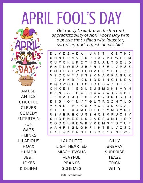 First grade students completing an April Fools' Day word search worksheet with silly hidden words