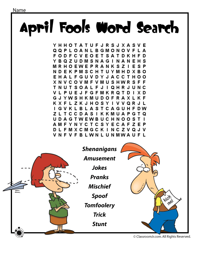 First grade students search for April Fools' Day themed words in this silly and wacky word search puzzle worksheet