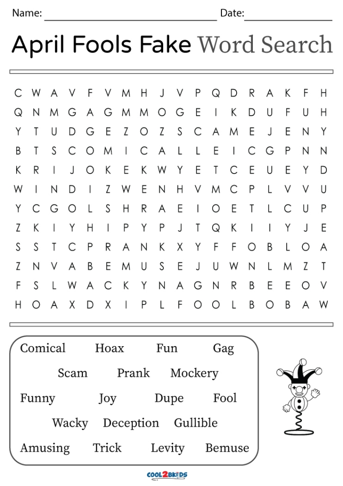 First grade students enjoy a silly April Fools' Day word search worksheet with wacky hidden words to find