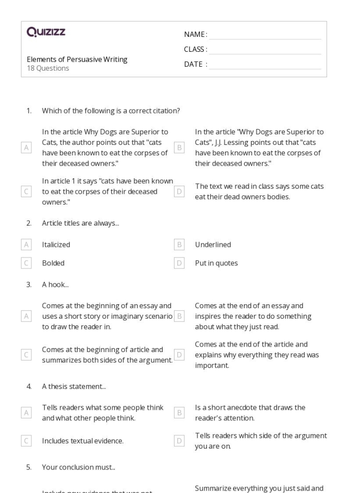 Worksheet for fourth graders on writing counter-arguments and rebuttals. Argument Writing: Counter-Arguments worksheet for classroom use.