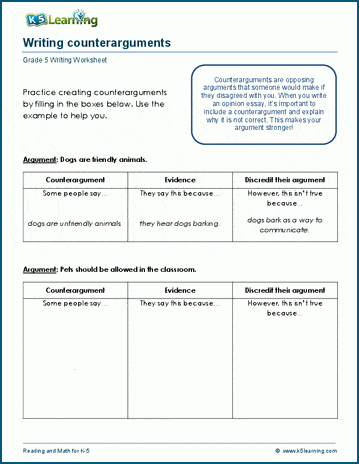 Worksheet featuring counter-arguments and rebuttals for fourth graders