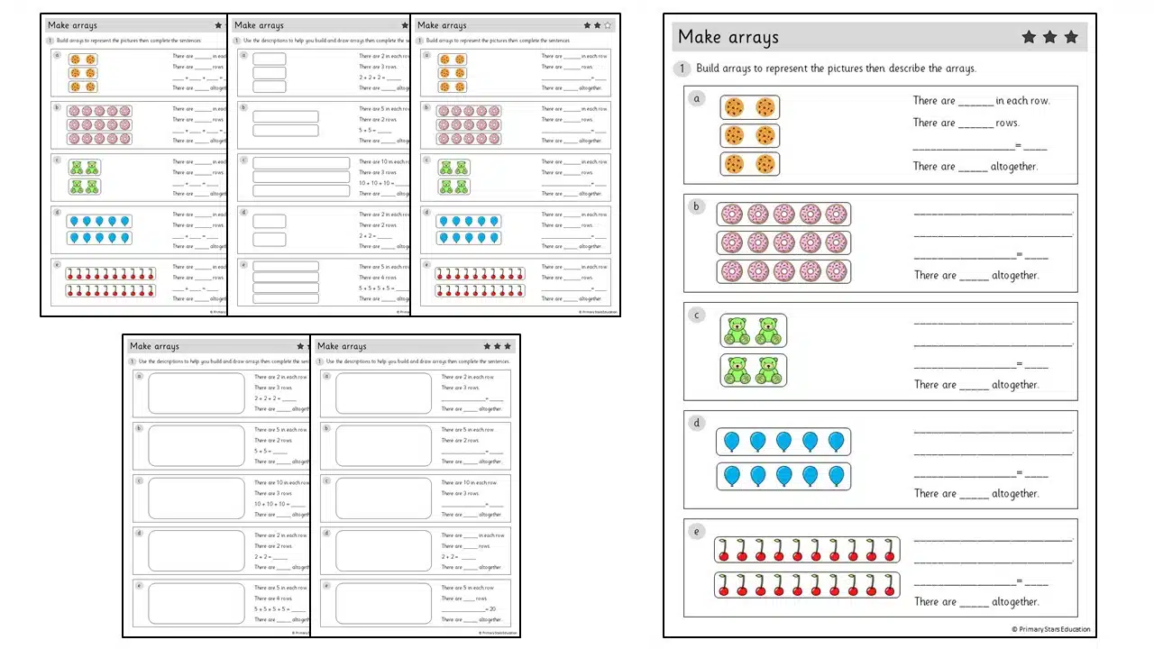 Engaging Zooming in on Arrays activity for young learners to build math skills and creativity Second Grade worksheet focusing on arrays with sentence frames and addition equations