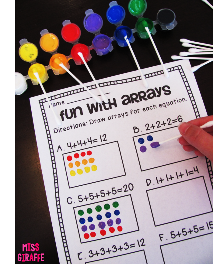 Second Grade Zooming in on Arrays worksheet focusing on groups and story problems image 9 Second grade students working on a Zooming in on Arrays worksheet with pictures and addition equations