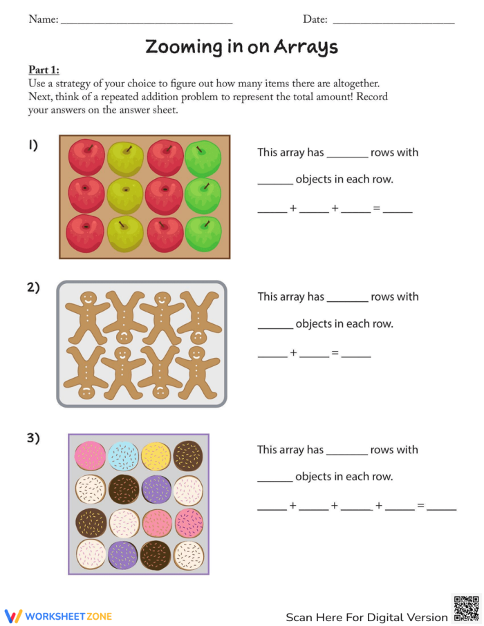 Zooming in on Arrays worksheet focusing on sentence frames and story problems for grade two Second Grade students practicing arrays and repeated addition on worksheet page 10