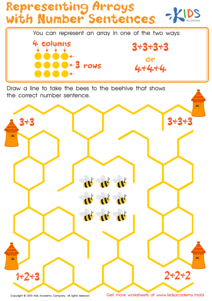 Zooming in on Arrays activity for young learners, image 1 Second grade worksheet focusing on arrays, groups, and addition equations
