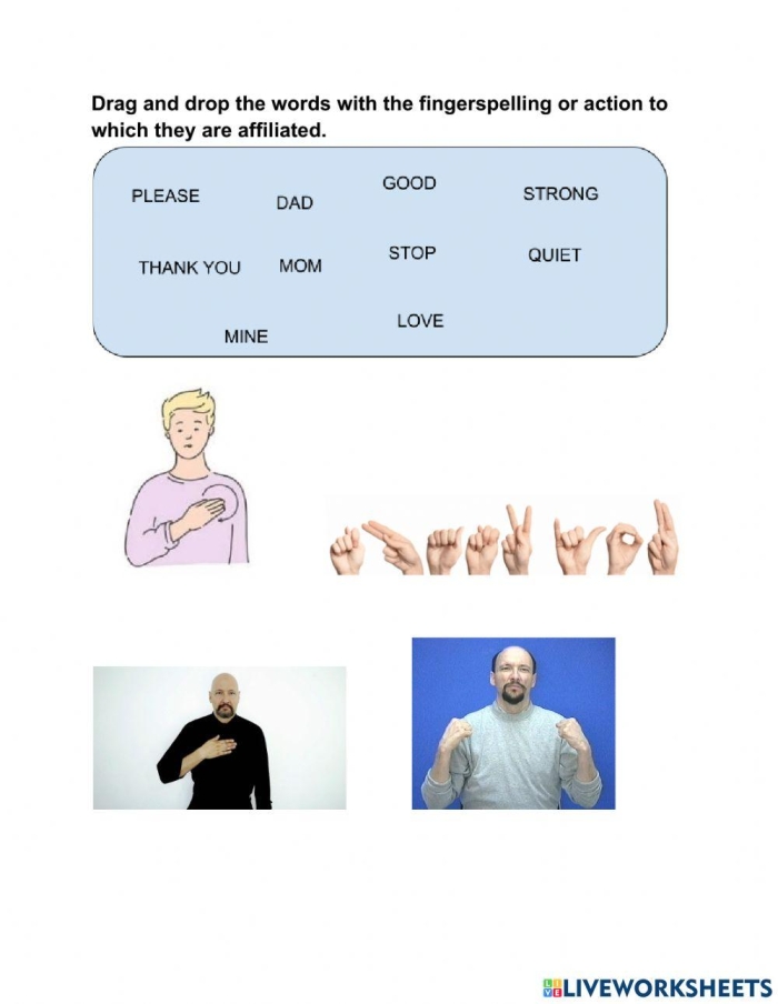 Fourth grade worksheet for practicing American Sign Language alphabet with a decoding exercise
