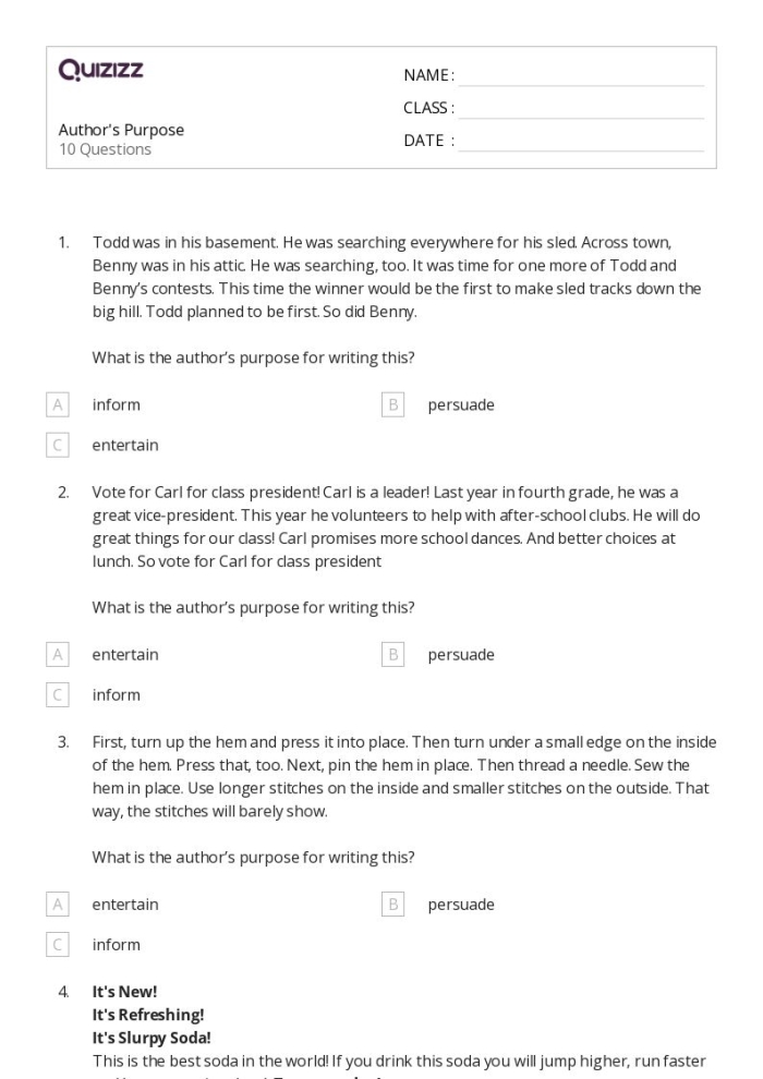 Author’s Purpose activity sheet for analyzing nonfiction texts, image 8 Sixth grade worksheet featuring literary nonfiction response prompts on author’s purpose