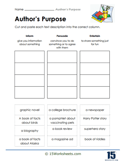 Literary Nonfiction Response Prompt worksheet for analyzing author’s intent, image 11 Sixth grade student completing an Author’s Purpose worksheet for literary nonfiction