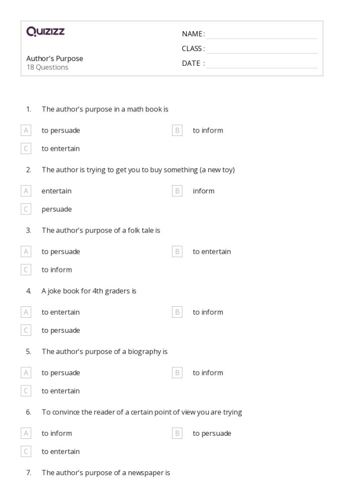 Literary Nonfiction Response Prompt worksheet for analyzing author’s intent in nonfiction texts 16 Sixth grade student completing an Author’s Purpose worksheet for literary nonfiction response