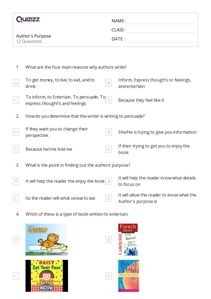 Second grade worksheet on Author’s Purpose featuring The Princess and the Pea story