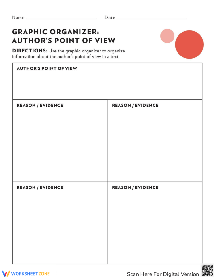 Author's Point of View worksheet for organizing reasons and evidence in data and graphing Fourth grade graphic organizer for analyzing author's point of view in nonfiction texts