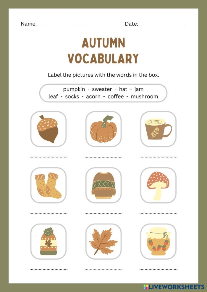 Engaging spelling practice with autumn vocabulary for young learners, image 6 Second Grade Autumn Spelling worksheet featuring a fun activity with fall-themed words