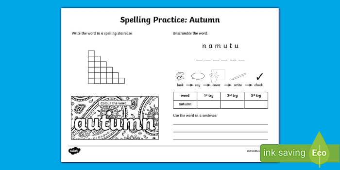Autumn spelling practice worksheet for second graders with misspelled word options 12 Second grade student completing an autumn-themed spelling worksheet with multiple word choices