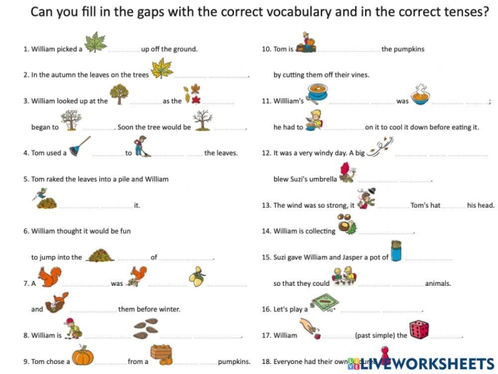 Autumn-themed spelling practice worksheet for second graders, image 25 Second grade student completing an autumn spelling worksheet with fall-themed vocabulary