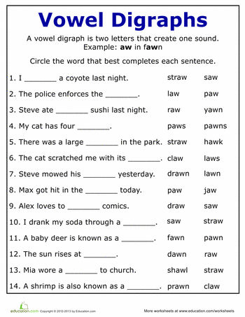 First grade students practicing the AW vowel diphthong in a phonics worksheet