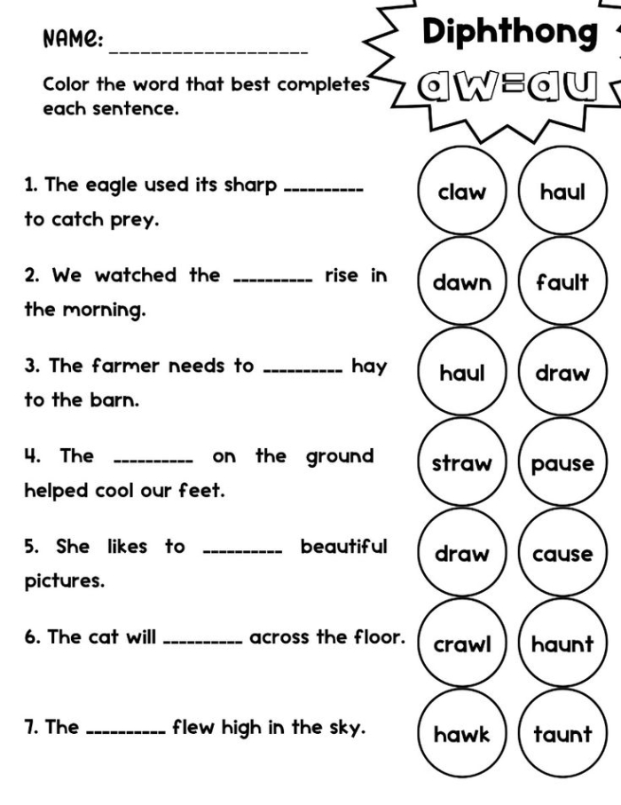 First grade students practicing the AW diphthong in a phonics and spelling worksheet