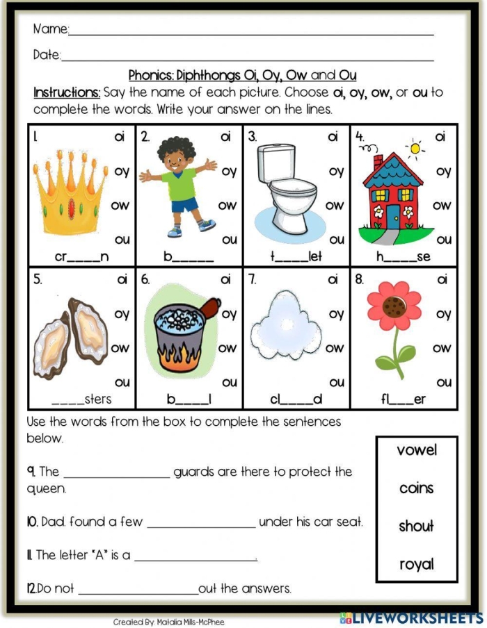 First grade students practicing the AW diphthong on a phonics worksheet