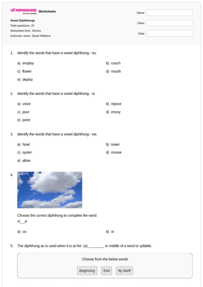 First graders practicing phonics with an AW diphthong worksheet focused on spelling and vocabulary