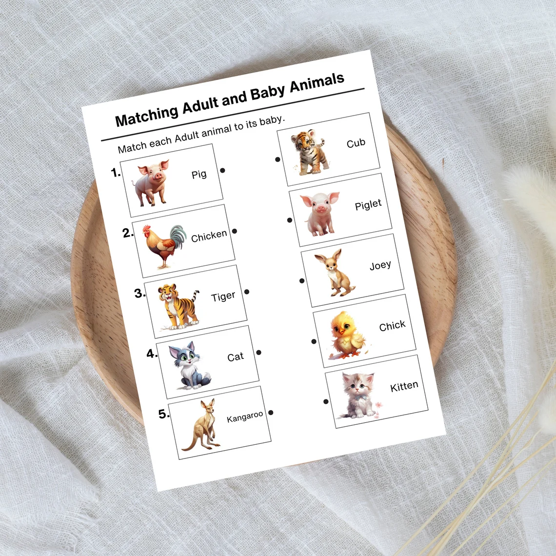 Syllables worksheet for Pre-K Baby animals looking for their mothers on a matching worksheet designed for Pre-K syllable practice. Image of the Baby Animal Match-Up worksheet featuring adorable baby animals and their adult counterparts.