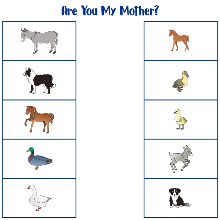 Syllables worksheet for Pre-K Cute baby animals waiting to be matched with their adult counterparts on a worksheet. Baby Animal Match-Up worksheet for Pre-K syllable learning.