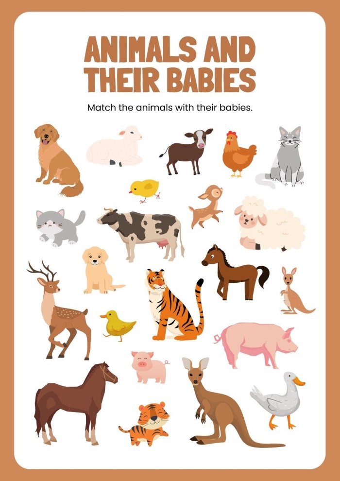 Syllables worksheet for Pre-K Cute baby animals waiting to be matched with their adult counterparts in the Baby Animal Match-Up worksheet. Educational activity for Pre-K students focusing on syllables and animal identification.