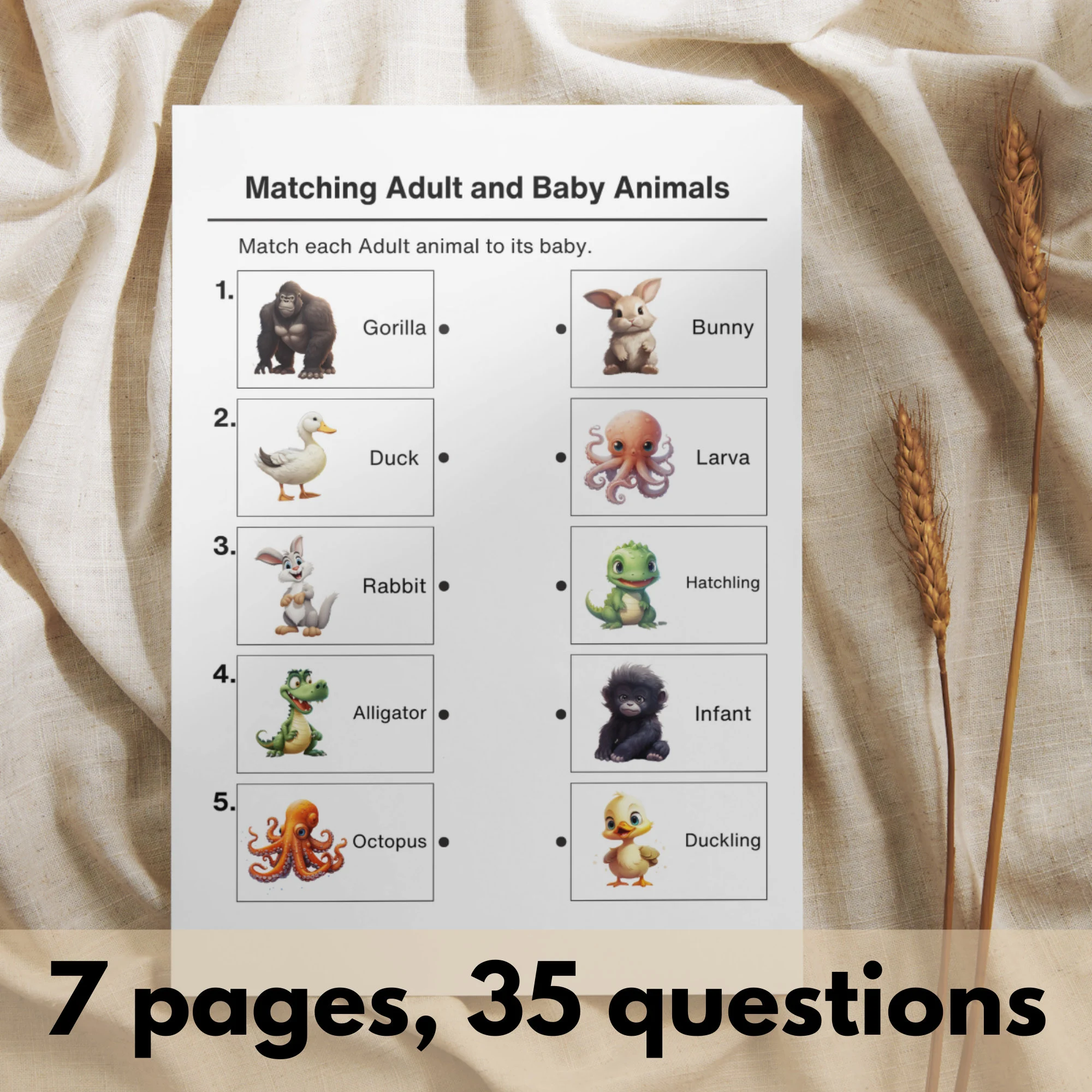 Baby Animal Match-Up worksheet for sorting and categorizing skills in young learners Baby animals looking for their mothers on a match-up worksheet for Pre-K syllable practice