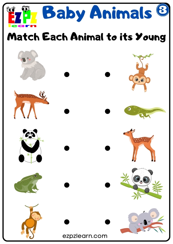 Worksheet image for Baby Animal Match-Up focused on syllable recognition for Pre-K learners Baby animals looking for their mothers in a fun match-up worksheet activity