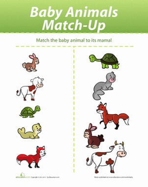 Baby Animal Match-Up worksheet for Pre-K syllable practice Cute baby animals waiting to be matched with their mothers in a fun worksheet