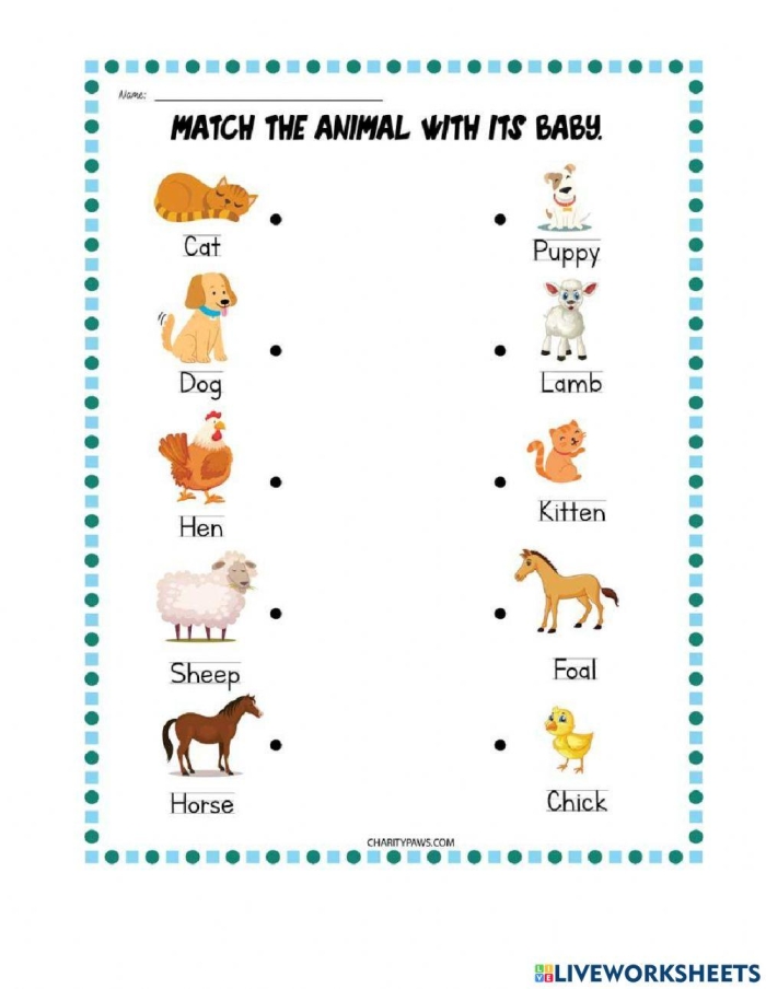 Engaging worksheet for Pre-K students focusing on syllables and animal matching Baby animals seeking their mothers in the Baby Animal Match-Up worksheet