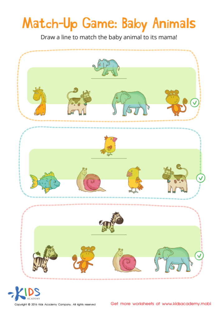 Baby Animal Match-Up Worksheet for Syllable Learning in Pre-K Baby animal worksheet featuring various baby animals needing to be matched with their adult counterparts