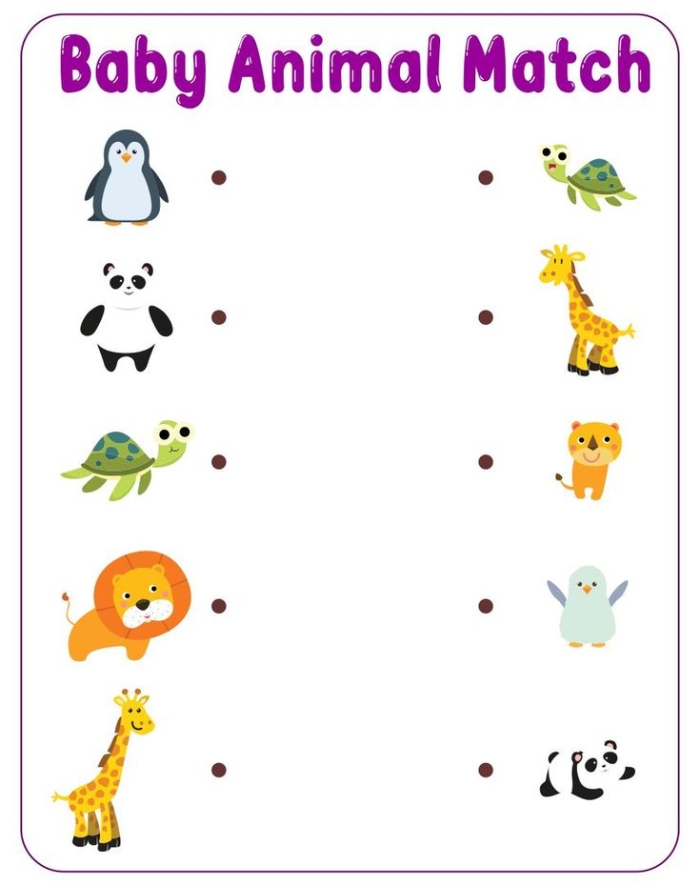 Engaging activity image for sorting and categorizing baby animals and their adults Baby animal match-up worksheet for Pre-K students to pair young animals with their parents