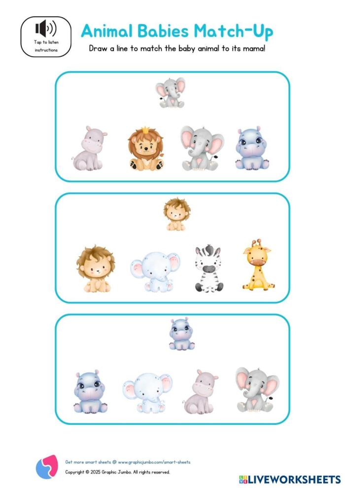Baby Animal Match-Up worksheet for learning syllables and categorization skills Baby animals looking for their mothers in a fun match-up worksheet for Pre-K students