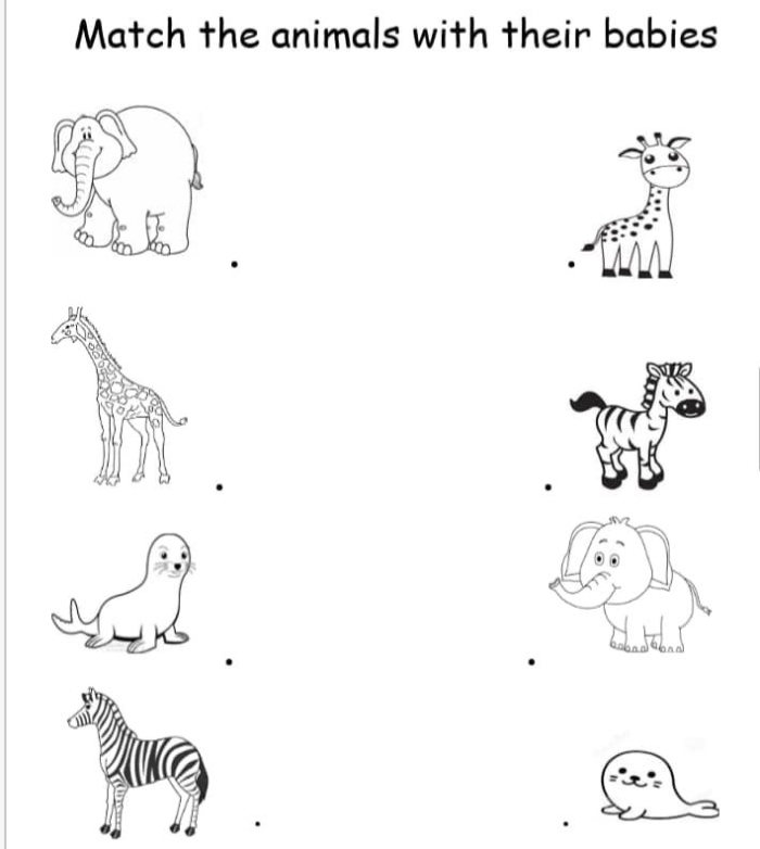 Baby Animal Match-Up worksheet for Pre-K syllables learning Cute baby animals looking for their adult counterparts on a matching worksheet