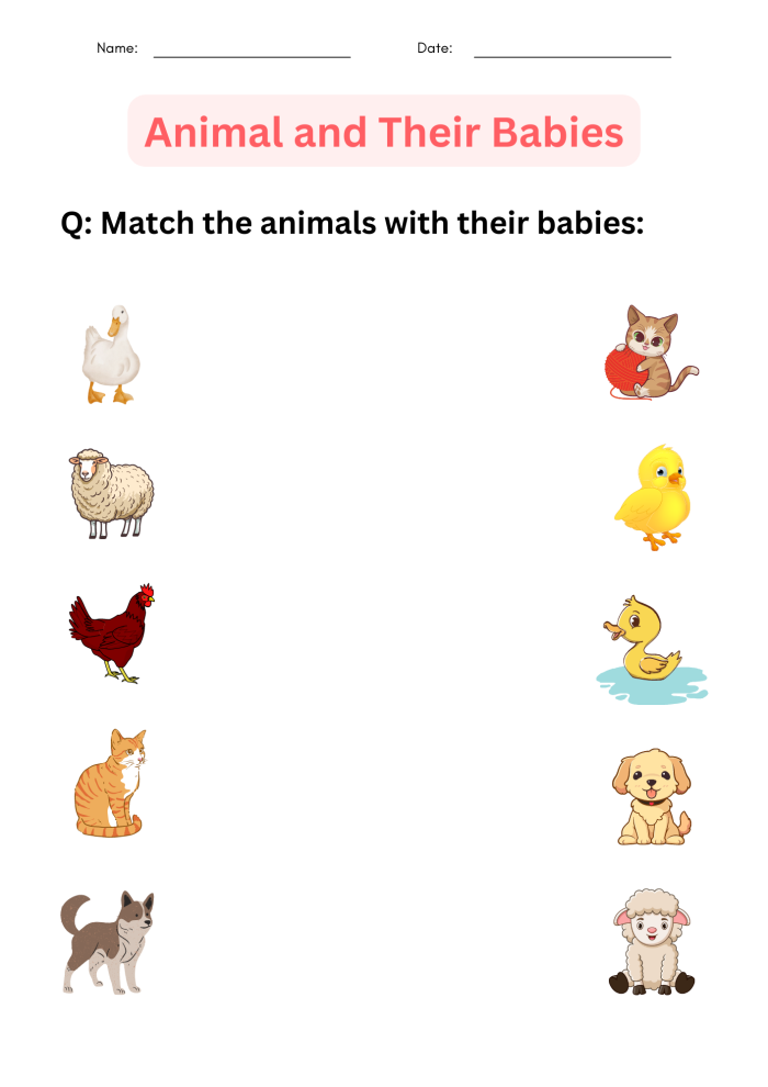 Engaging worksheet for Pre-K students to practice syllables by matching baby animals with their parents Cute baby animals waiting to be matched with their adult counterparts on the Baby Animal Match-Up worksheet