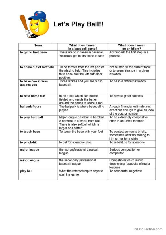 Engaging vocabulary activity focused on baseball terminology for geometry lessons Baseball lingo worksheet for third graders to match sports terms with definitions
